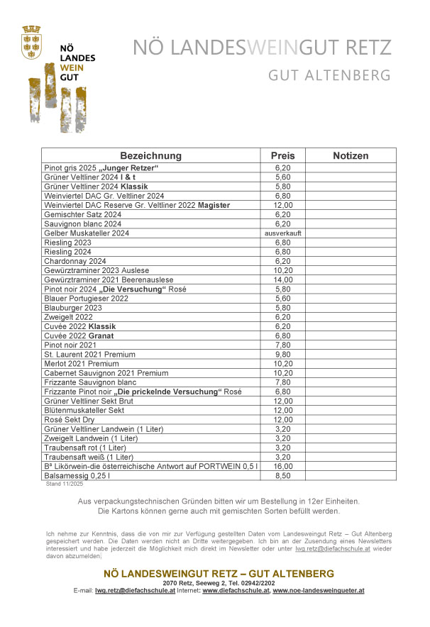 Bestellkarte Weingut Retz Nov. 2025