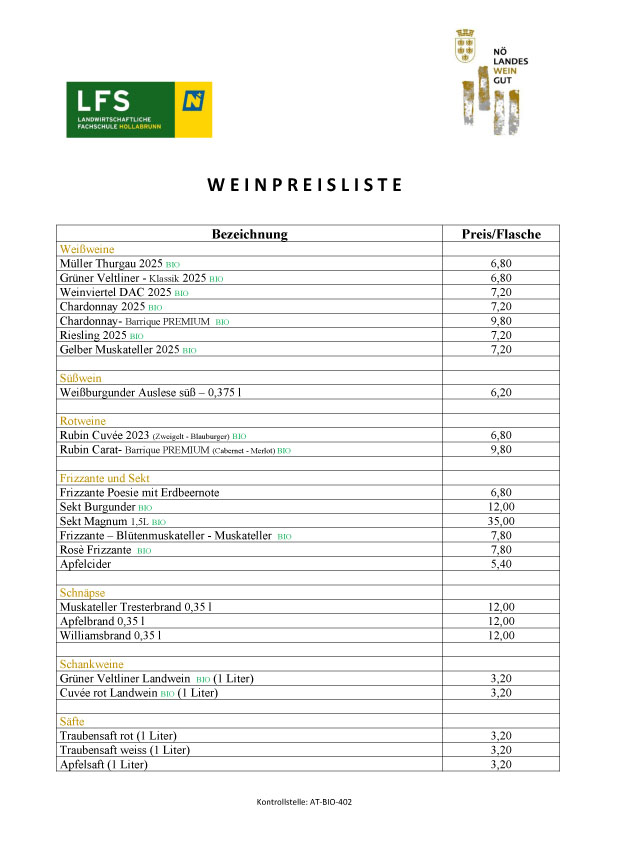 W E I N P R E I S L I S T E März 2026 Weinpreisliste 2026 LFS Hollabrunn